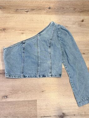 SHEIN Light Blue One-Shoulder Denim Crop Top